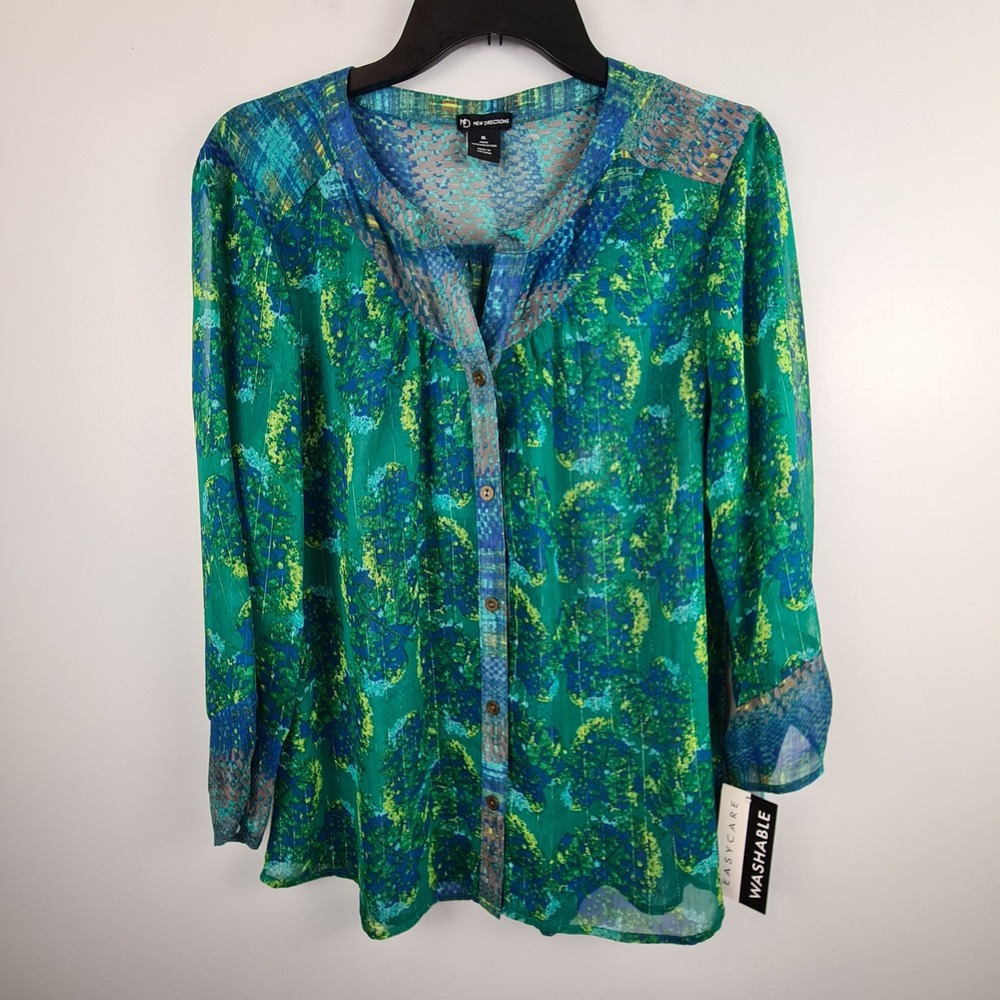 New Directions Womens XL Pine Green Blue Abstract Metallic Button Front Blouse